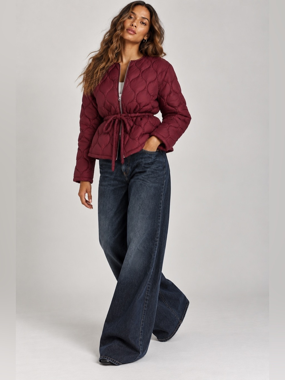H&M Minimalistic 90s style Quilted Tie-Waist Puffer Jacket in Burgundy Sz Sm